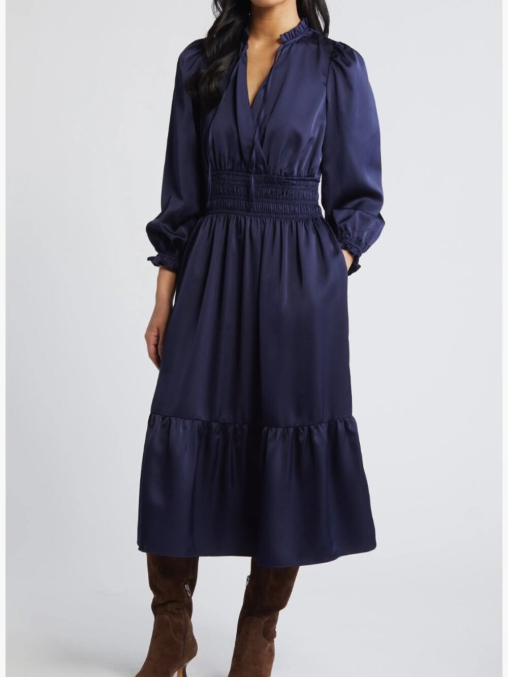 NWT Eliza J Long Sleeve Satin Midi Dress Women's 14 Navy Formal Cocktail Party